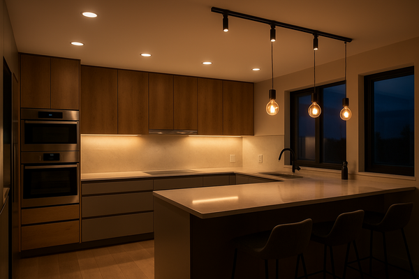 Iluminación para cocinas modernas: lámparas LED por zonas sobre mesón e isla