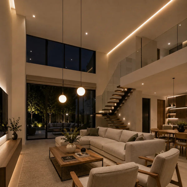 Espacio de doble altura con iluminacion LED: luz colgante lineal y riel