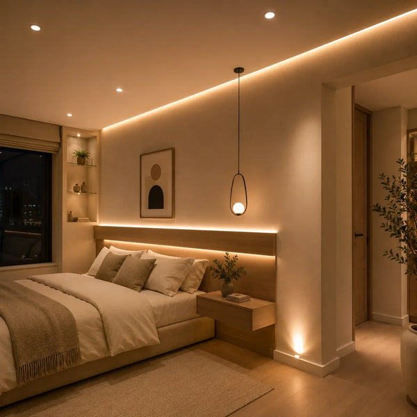 Habitacion con iluminacion LED: cinta en cabecera, ojos de buey y luz indirecta