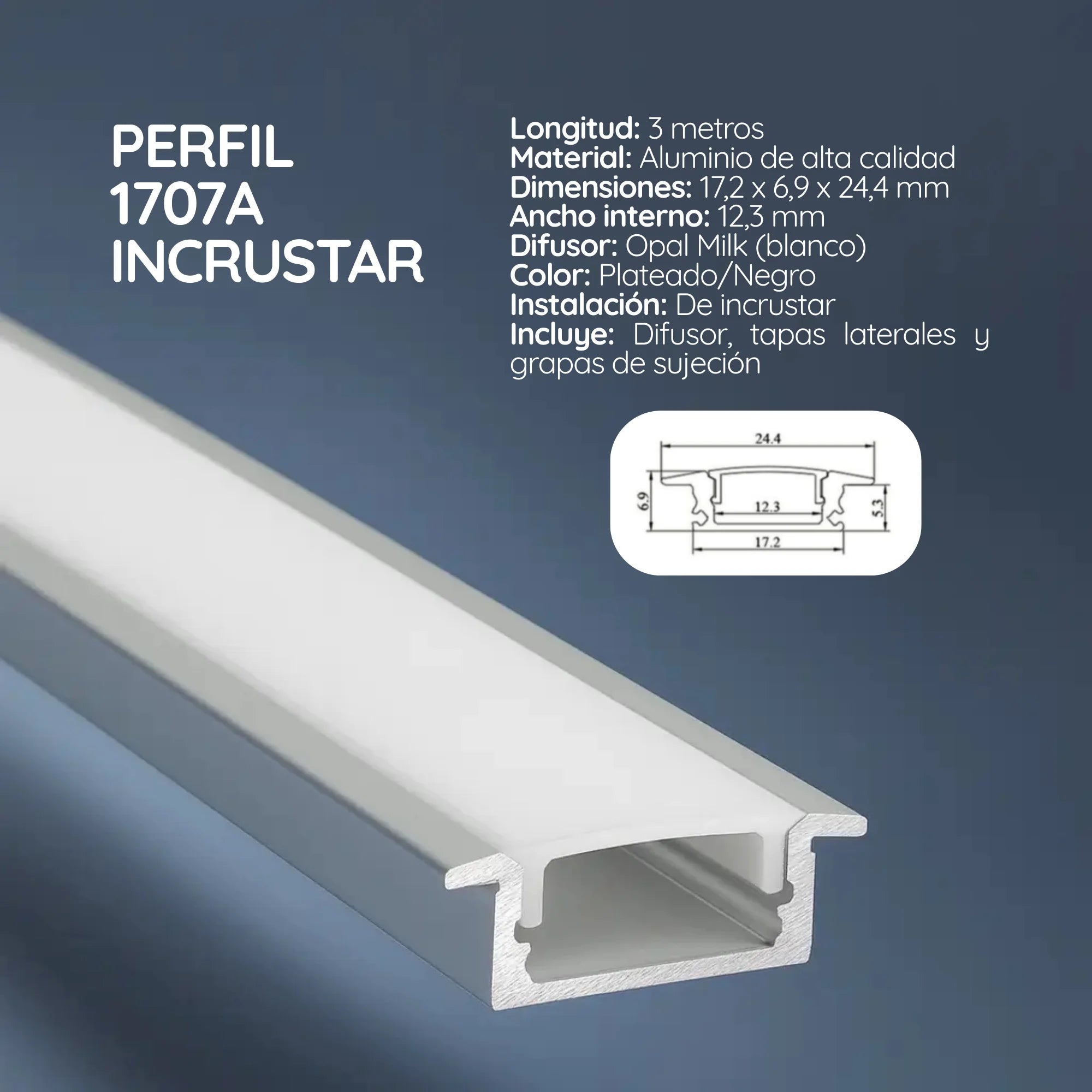 Perfil de Aluminio para Cinta LED 1707A Plano Incrustar x 3 Metros