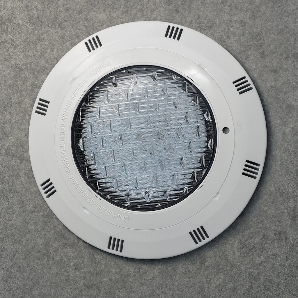 Lámpara LED RGB sumergible para piscina con control remoto encendida en azul dentro del agua