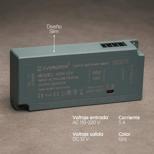 Fuente cinta LED Slim 12v 5A 60W Tipo Closet para interiores