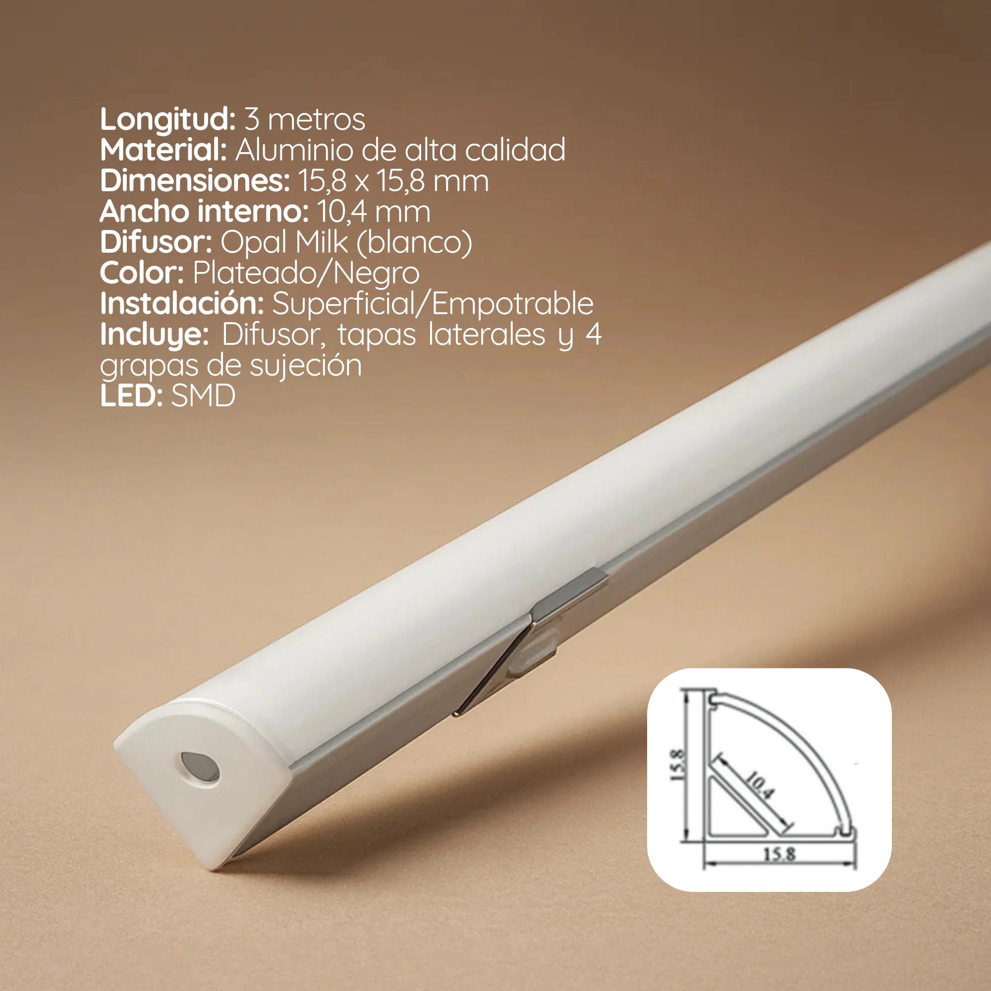 Perfil de Aluminio para Cinta LED Esquinero 45° 1616H x 3 Metros