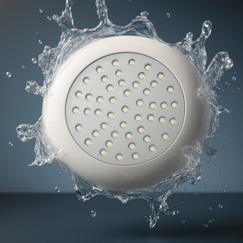 Bala LED plana sumergible 3000K instalada en muro de piscina iluminando agua con luz cálida amarilla