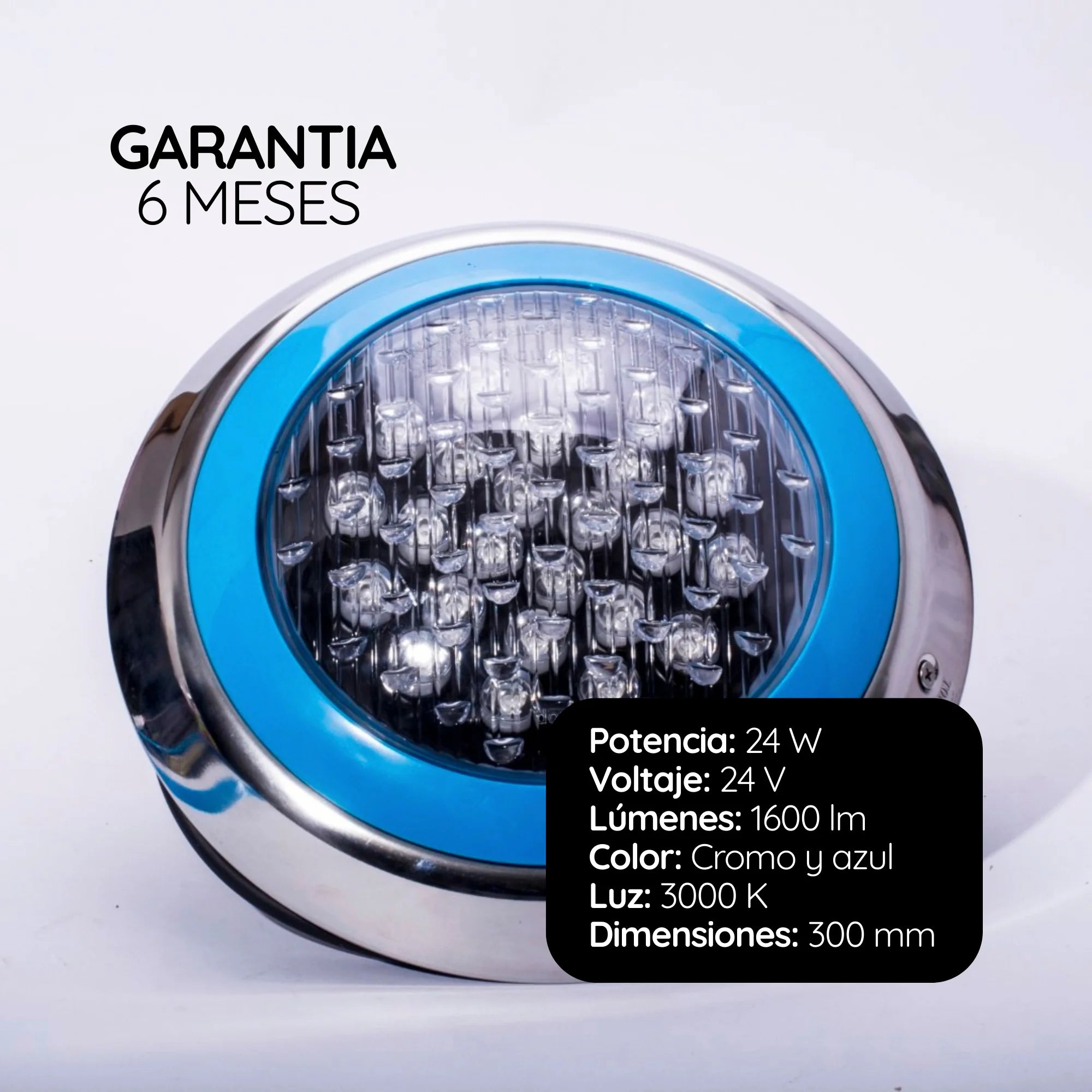 Bala LED 300mm IP68 24V instalada en muro de piscina mostrando dispersión de luz cálida