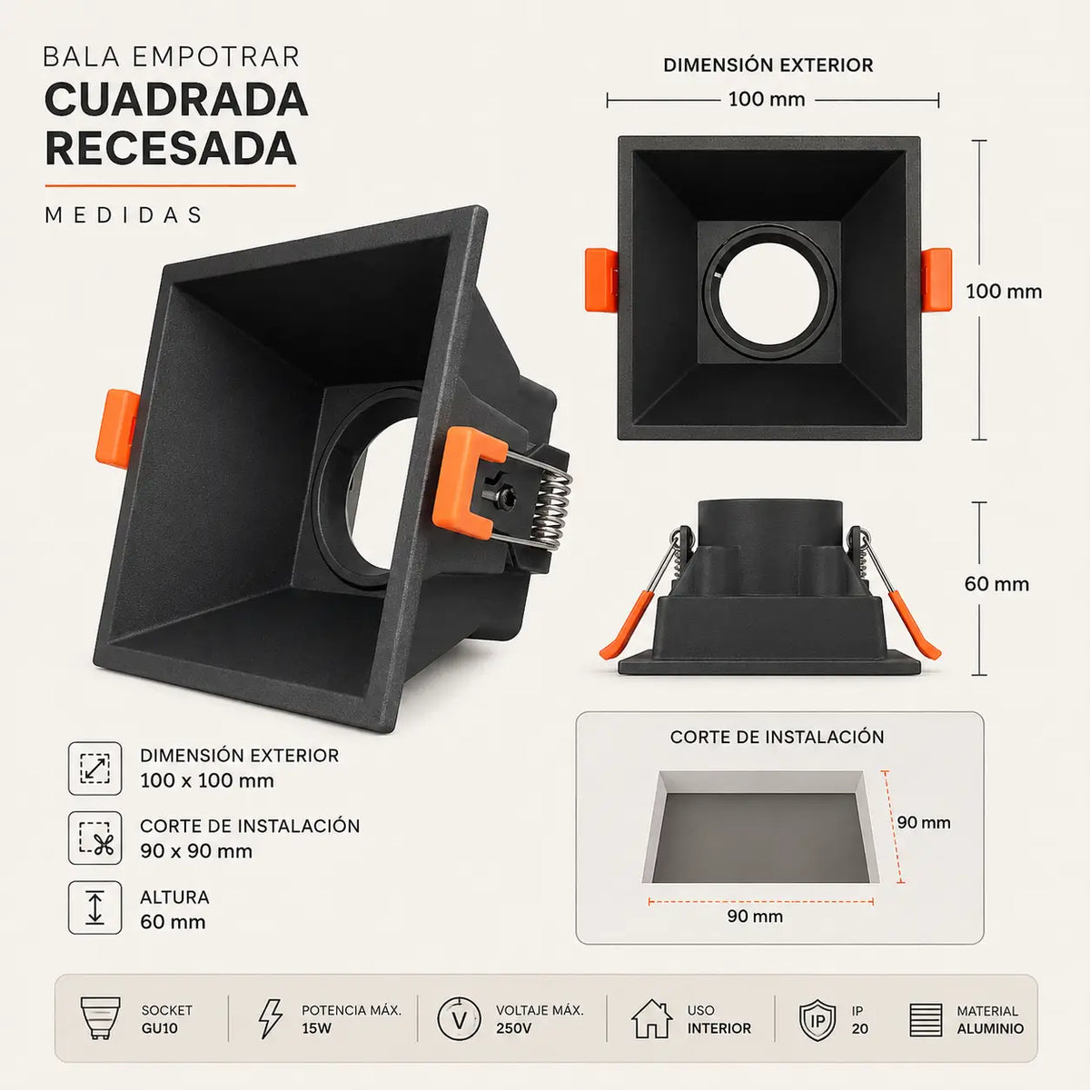 Bala Empotrable Cuadrada Recesada GU10