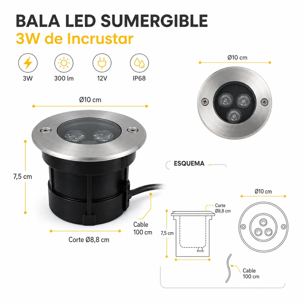 Bala LED Sumergible 3W de Incrustar IP68