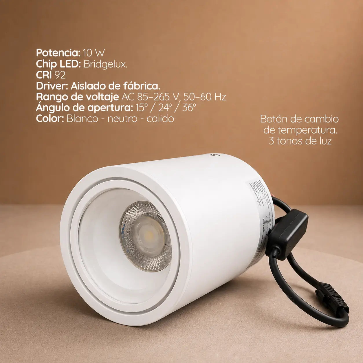 Cilindro LED Sobreponer 10W 3 Tonos Blanco 3000K 4000K 6000K CRI90