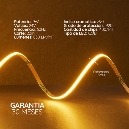 Cinta LED delgada COB 5mm 24V 9W x10 metros