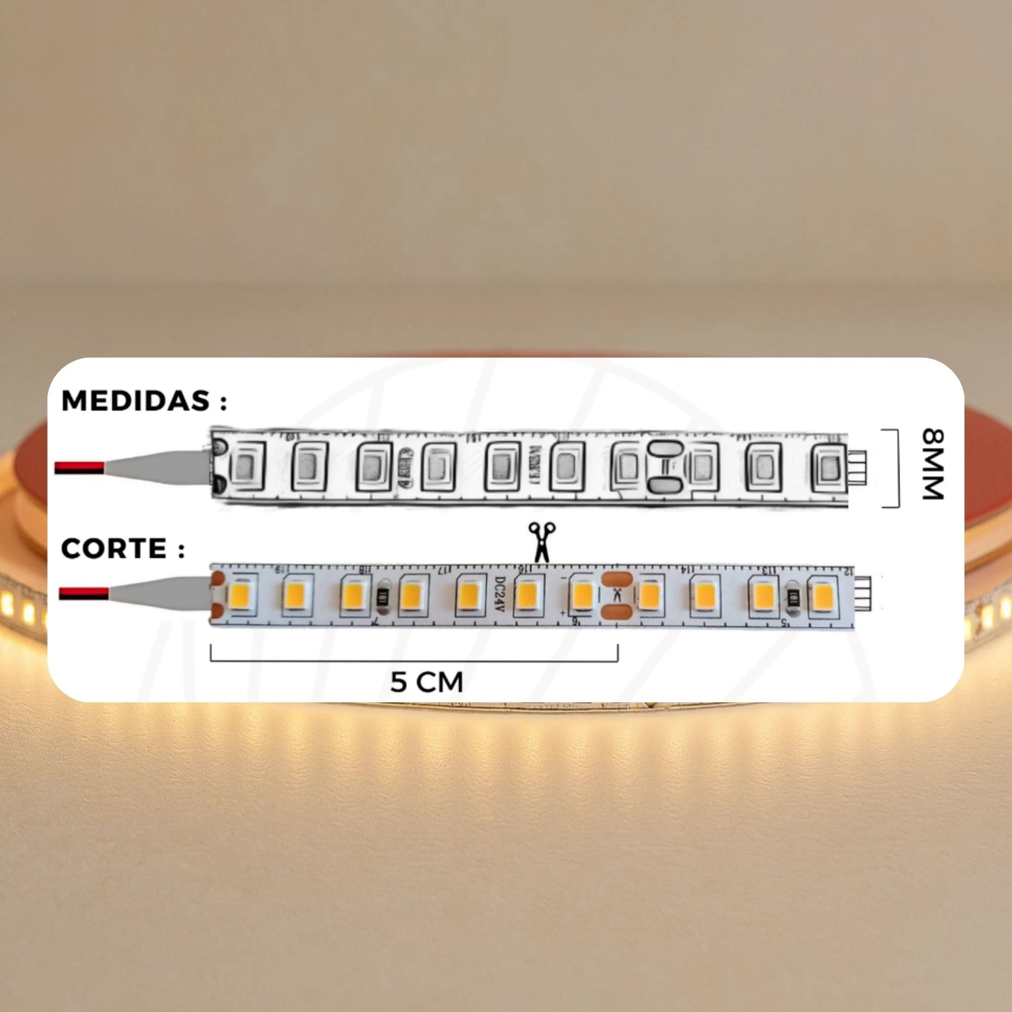 Cinta LED compacta de 8 mm para estanterías, techos X10M (24V, 12W) PREMIUM ASOMBRA