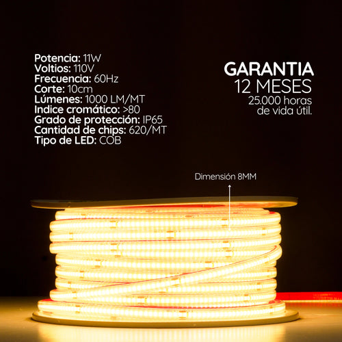 Cinta LED COB Continua sin puntos 110v 11w x 10 metros