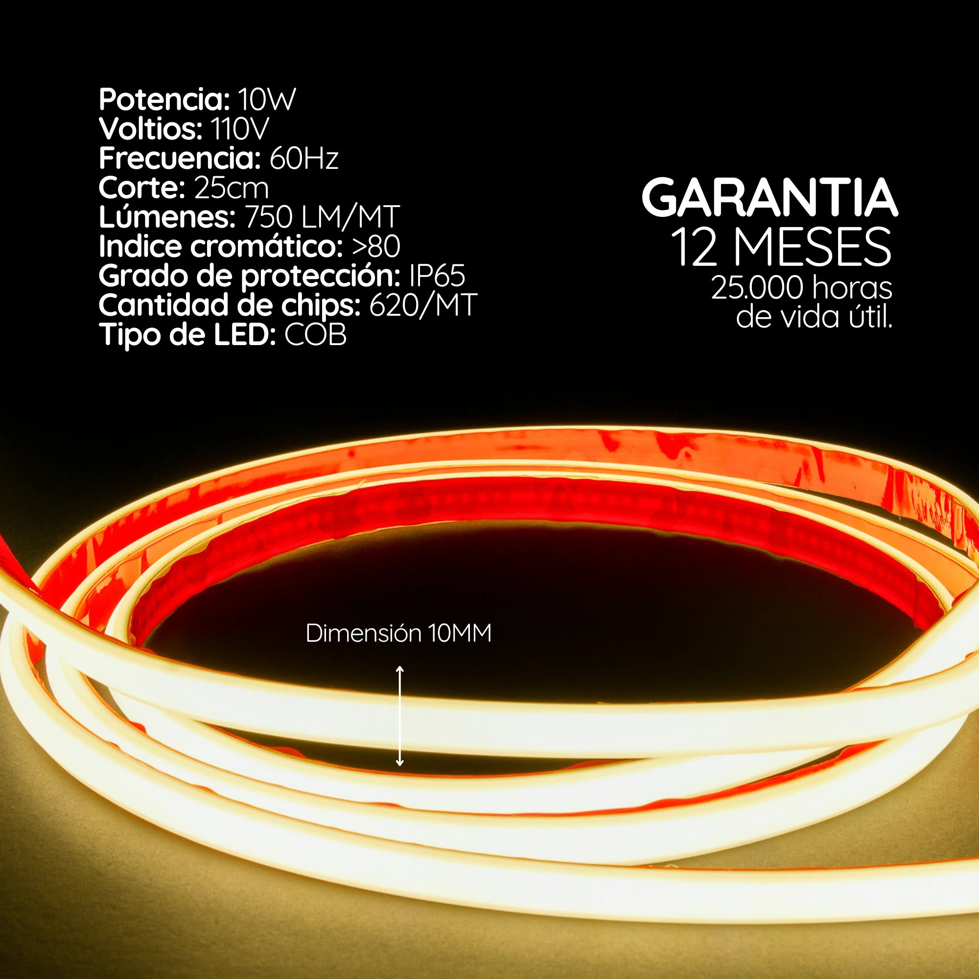 Cinta LED COB 110V 10W Luz Continua sin Puntos x 10 Metros