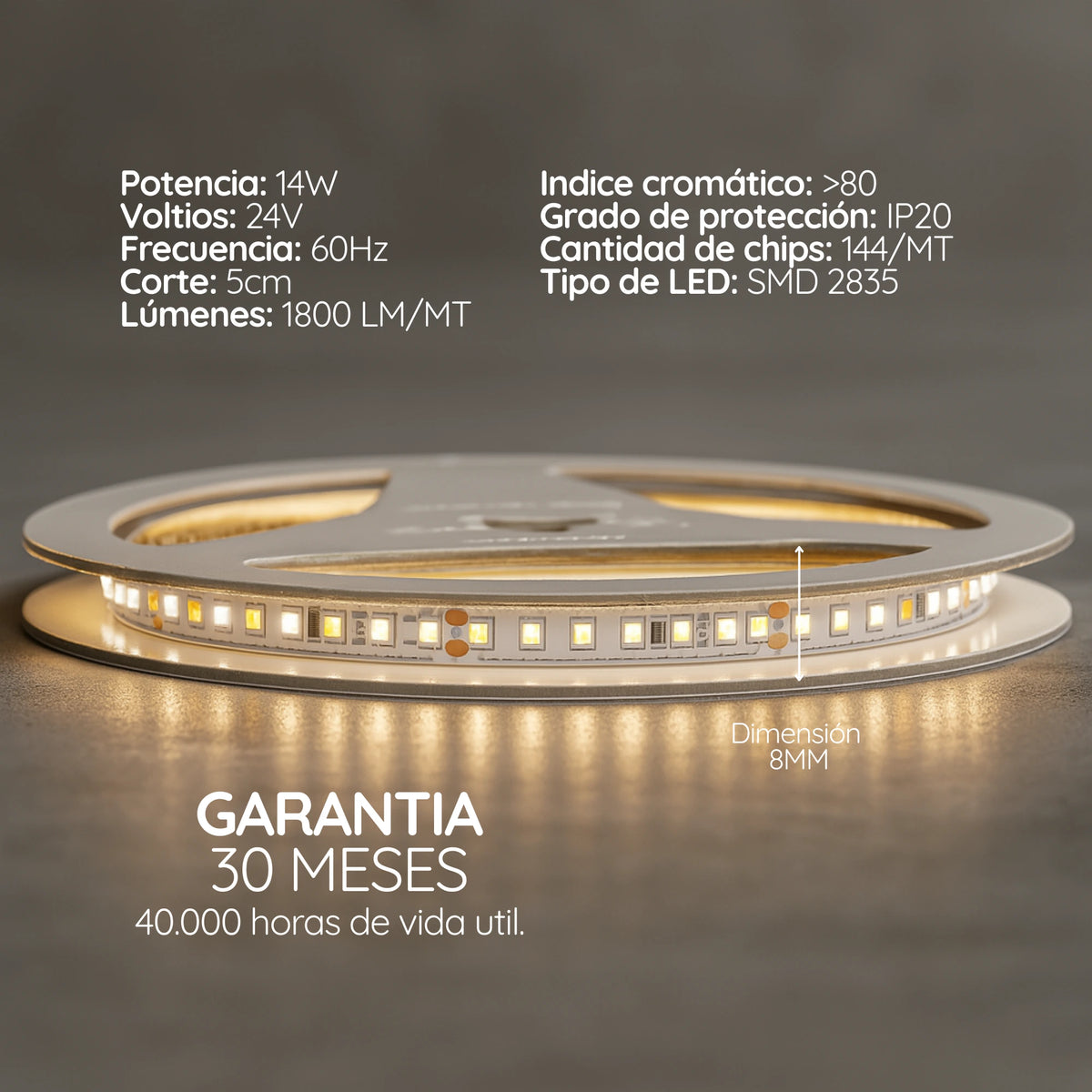 Cinta LED compacta de 8 mm para cocinas, vitrinas y espacios comerciales X10M (24V, 14W)