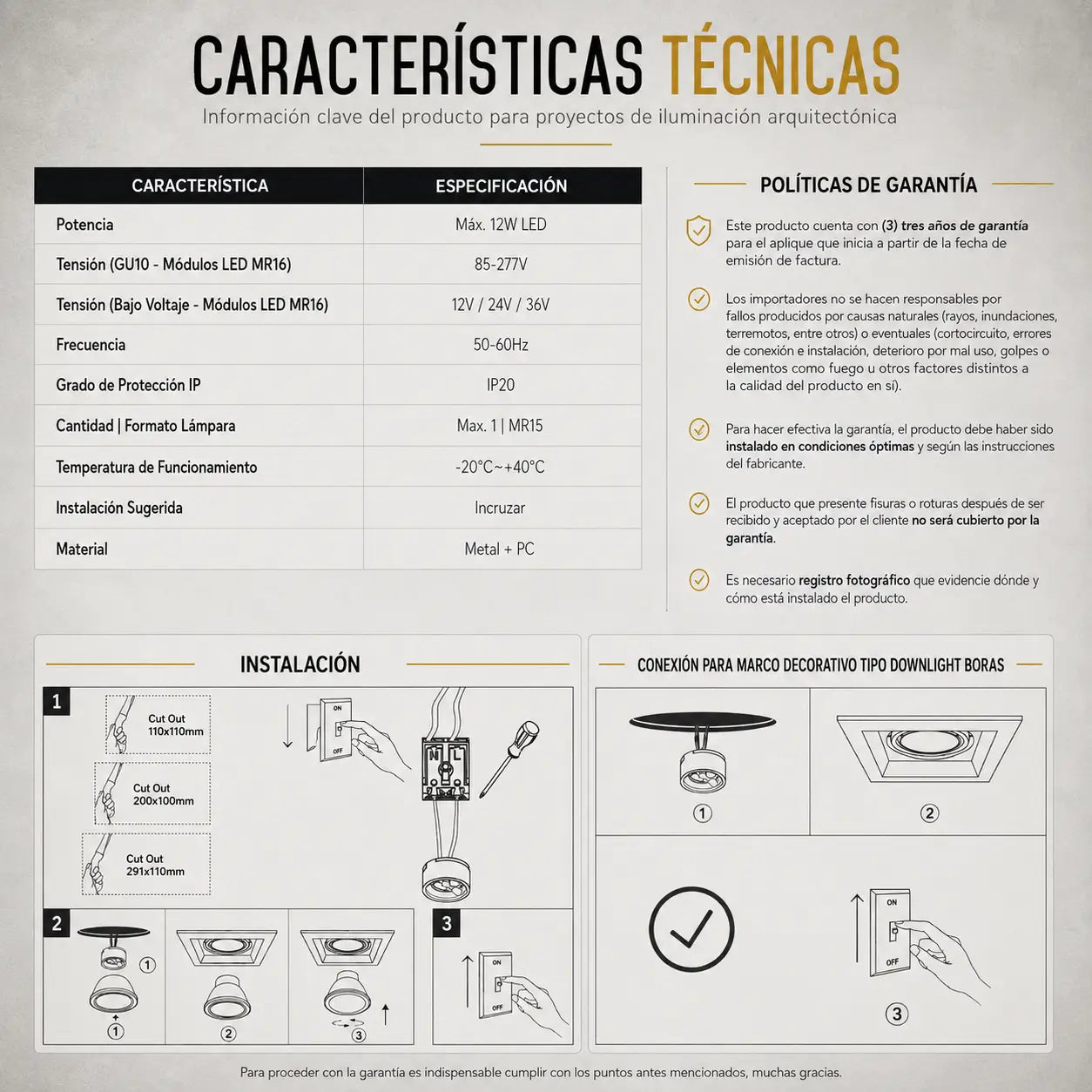 Ojo de Buey Cuadrado Recesado Aluminio para Bombillo GU10