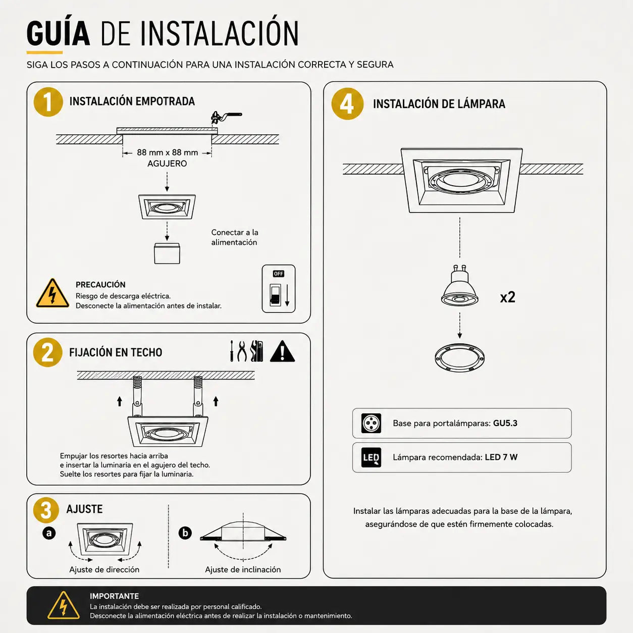 Ojo de Buey Cuadrado Metálico para Bombillo GU10 Negro