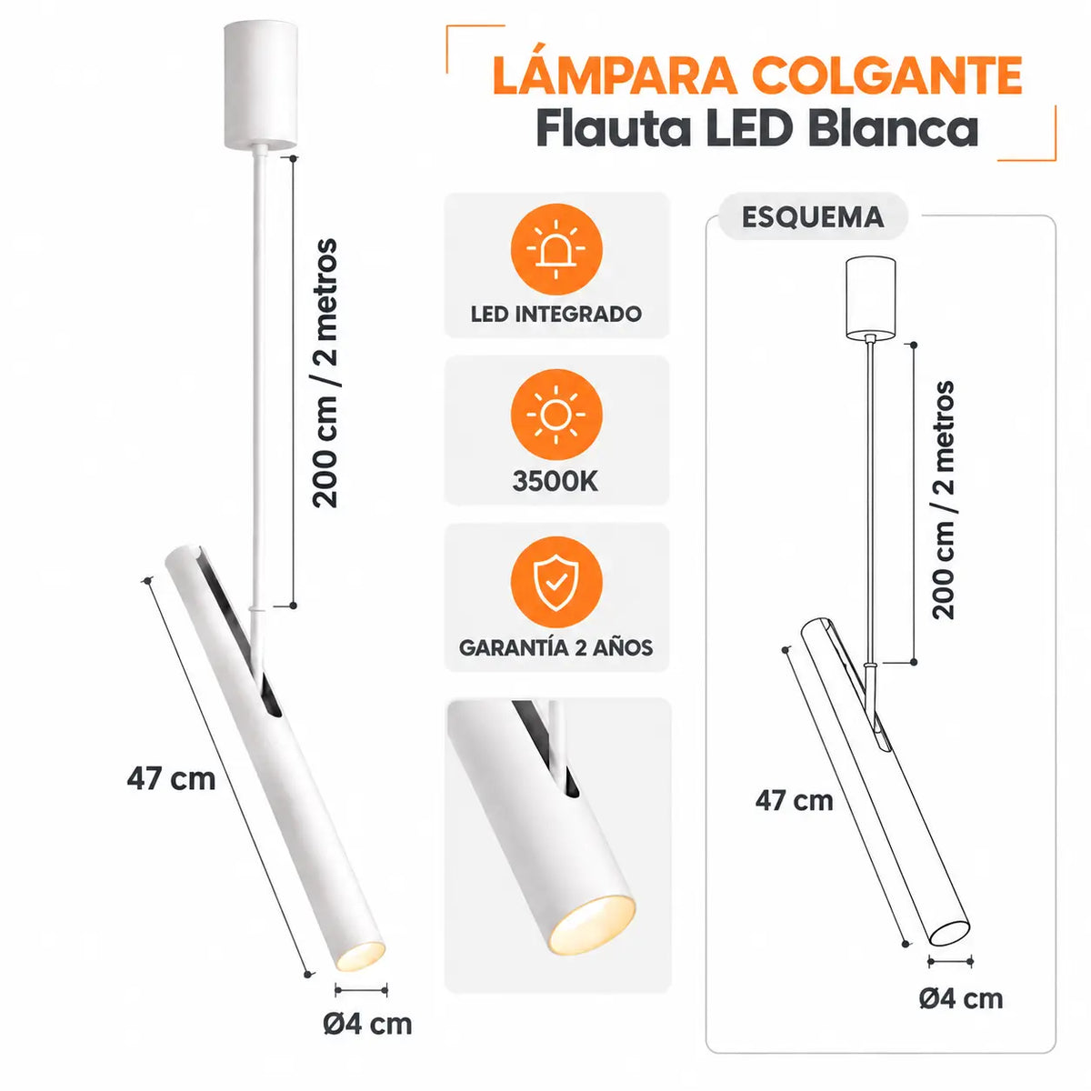Lámpara Colgante Flauta LED 3500K Blanca