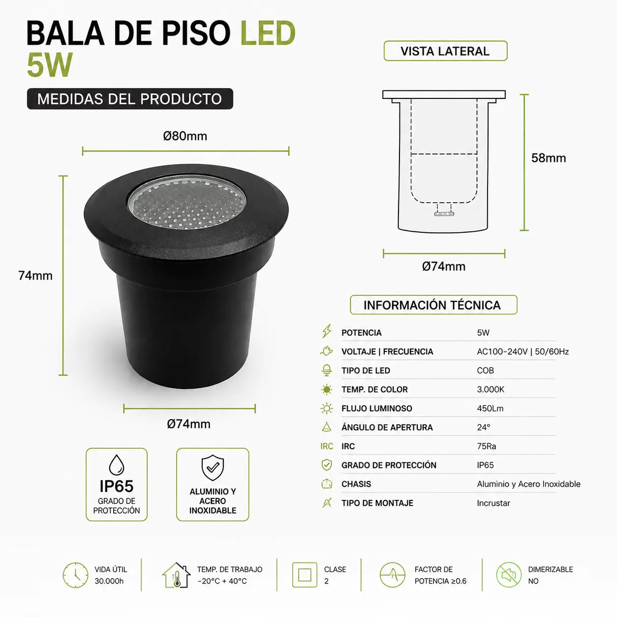 Bala de Piso LED 5W Exterior Antideslumbrante IP65 Negra 3000K