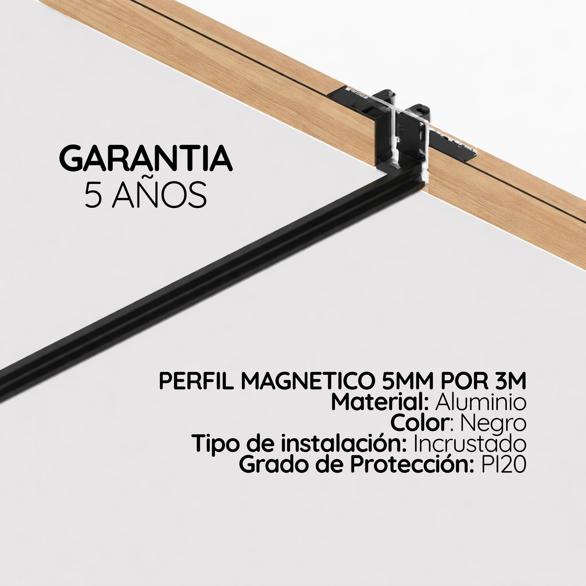 Esquema técnico de riel magnético 5mm incrustar con medidas y accesorios