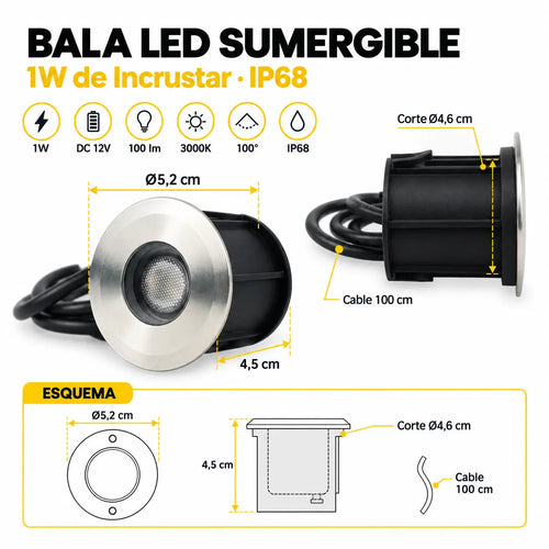 Bala LED Sumergible de Incrustar 1W IP68