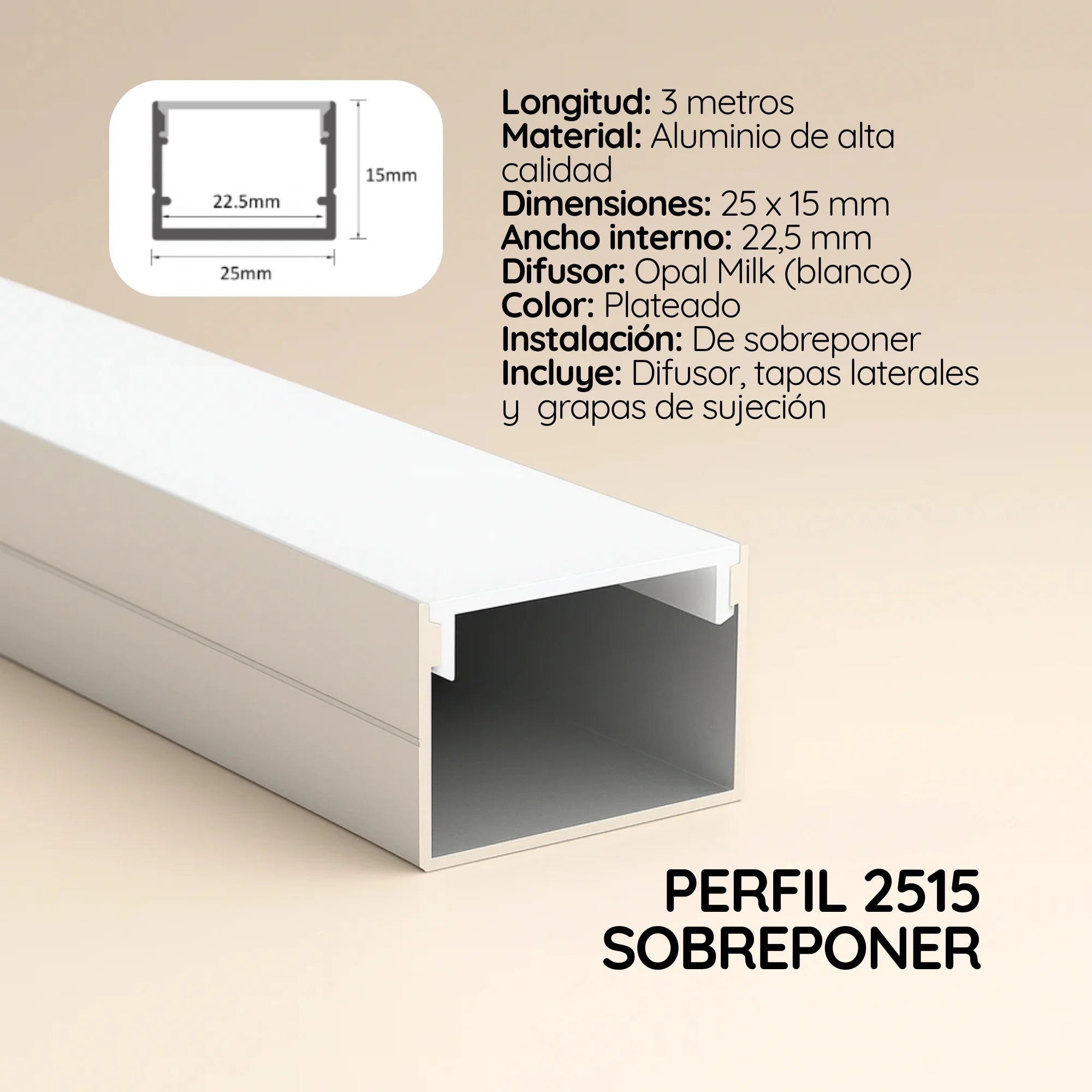 Perfil para cinta LED sobreponer difusor OPAL (2.5cm x 1.5cm) x 3 metros 2515