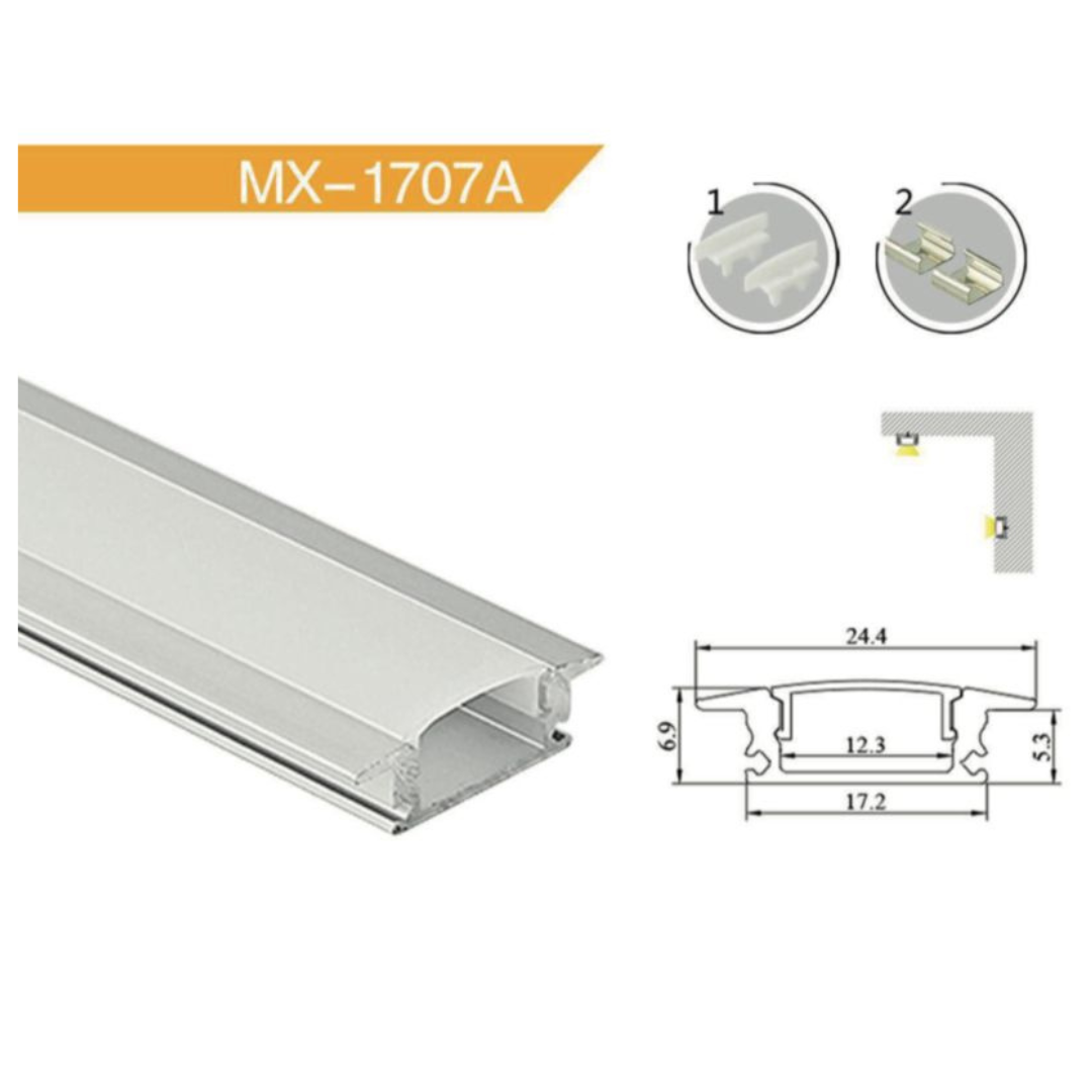 Perfil de Aluminio para Cinta LED 1707A Plano Incrustar x 3 Metros
