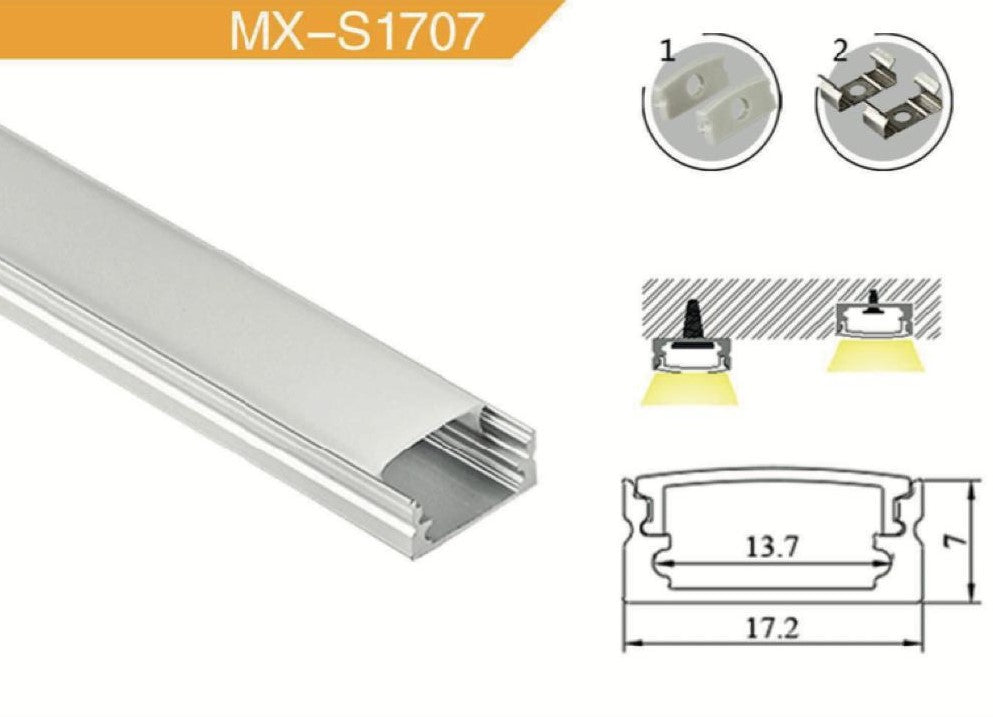 Perfil de Aluminio para Cinta LED Sobreponer 1707 17x7mm x 3 Metros