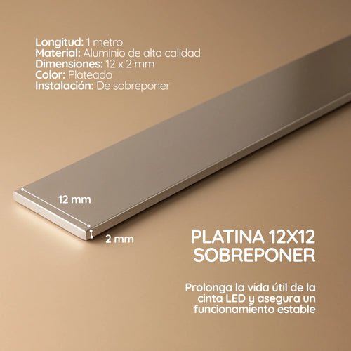 Platina para cinta LED sobreponer aluminio (12mm x 2mm) x 1 metro