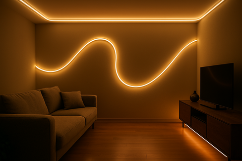 Cinta neón flex LED de luz continua formando curvas en una sala moderna