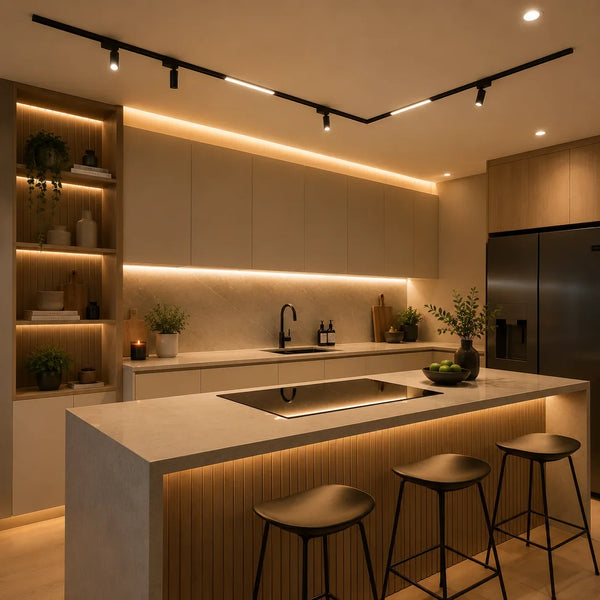 Cocina con iluminacion LED: cinta bajo mueble, ojos de buey y riel con spots