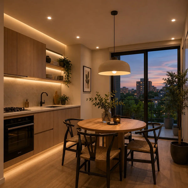 Comedor con iluminacion LED: riel con spots y luz colgante lineal sobre la mesa