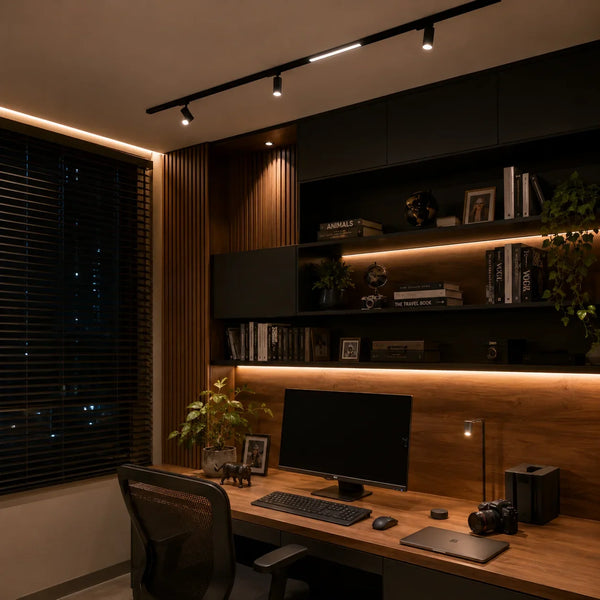 Estudio y oficina en casa con iluminacion LED: panel, ojos de buey y luz de escritorio