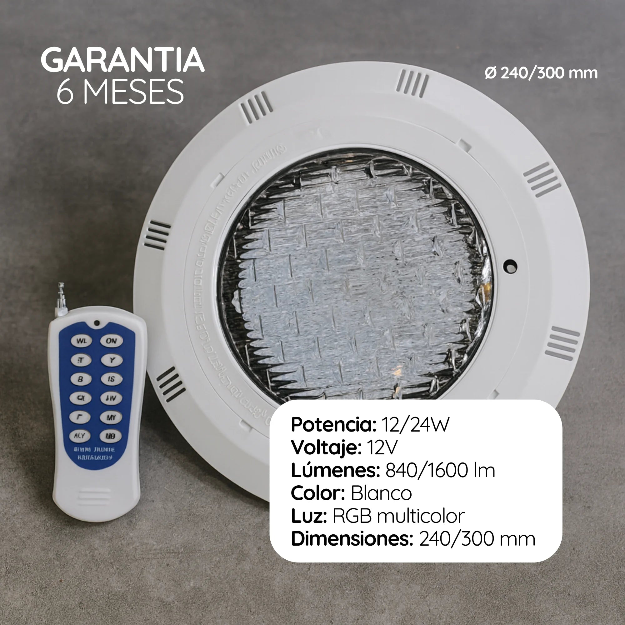 Luminaria sumergible RGB sobreponer con control remoto vista de producto completo