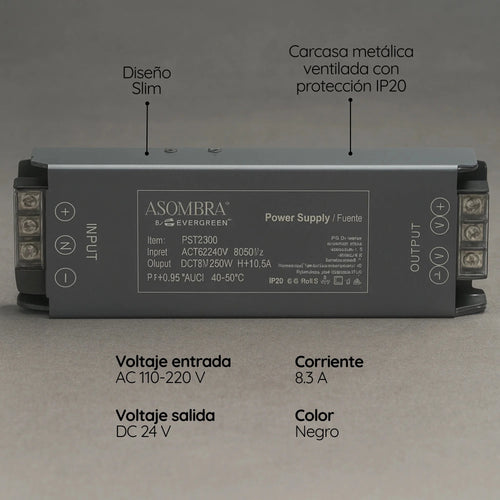 Fuente cinta LED IP20 24v 8.3a 200W Delgada para interiores Premium