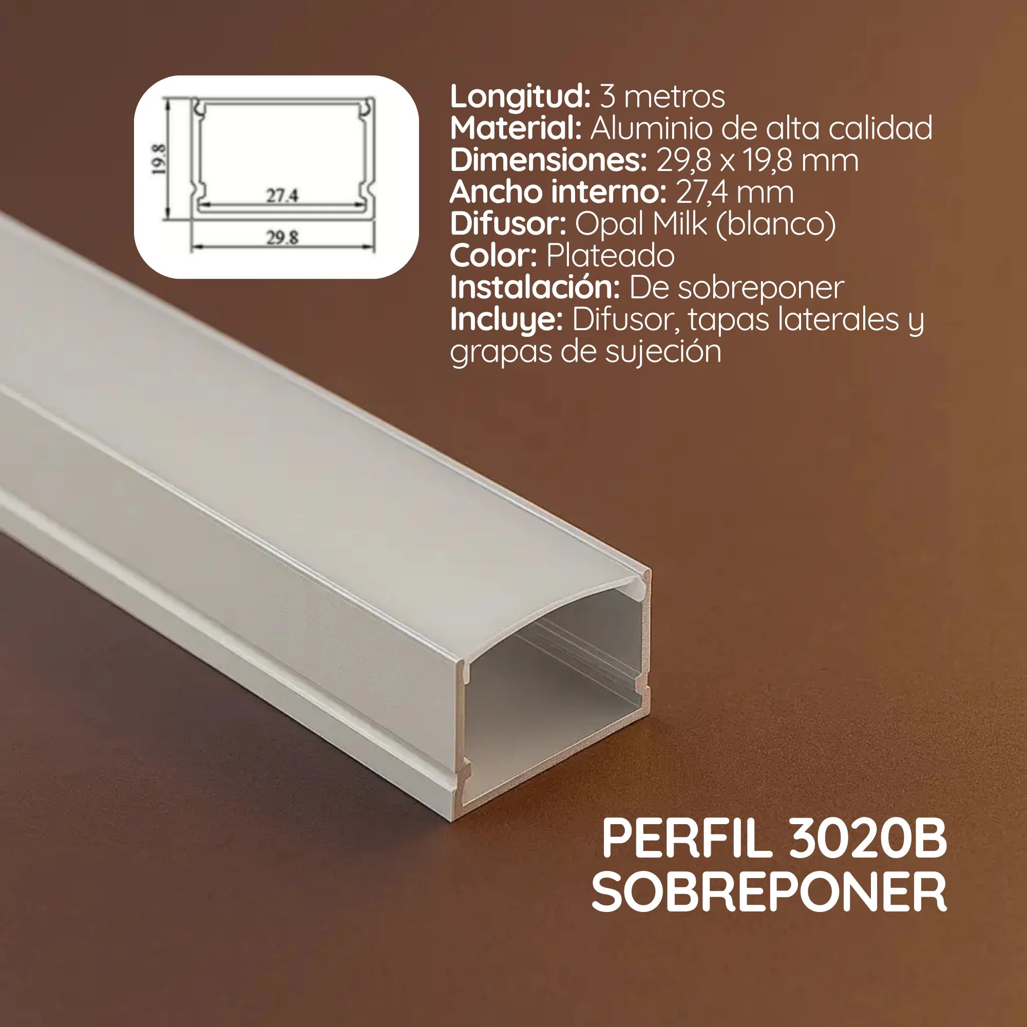 Perfil  3020b Sobreponer x 3 mtrs