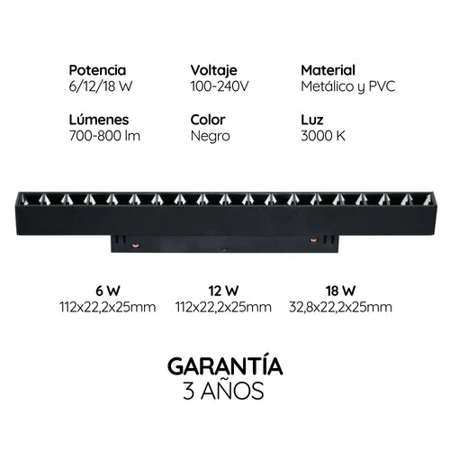 Luminaria LED Lineal Magnética Grille 48V 6W 12W 18W 3000K