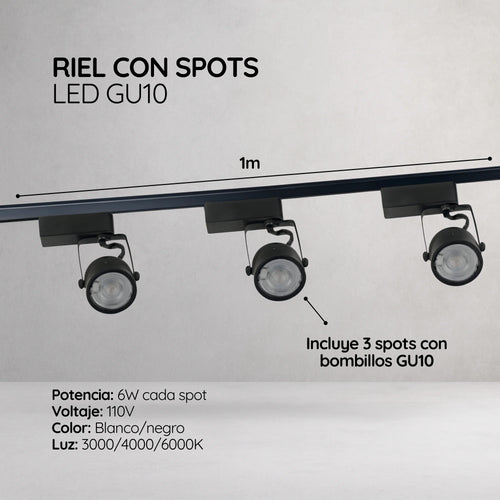 Kit Riel LED 1m con 3 Spots GU10 6W 110V Negro o Blanco