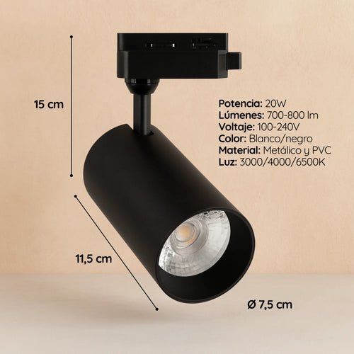 Spot LED para Riel 20W 110V Cabezal Orientable Negro o Blanco