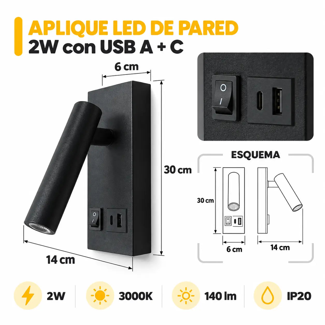 Aplique LED de Pared 2W con Interruptor y puerto USB + Tipo C  Luz Cálida