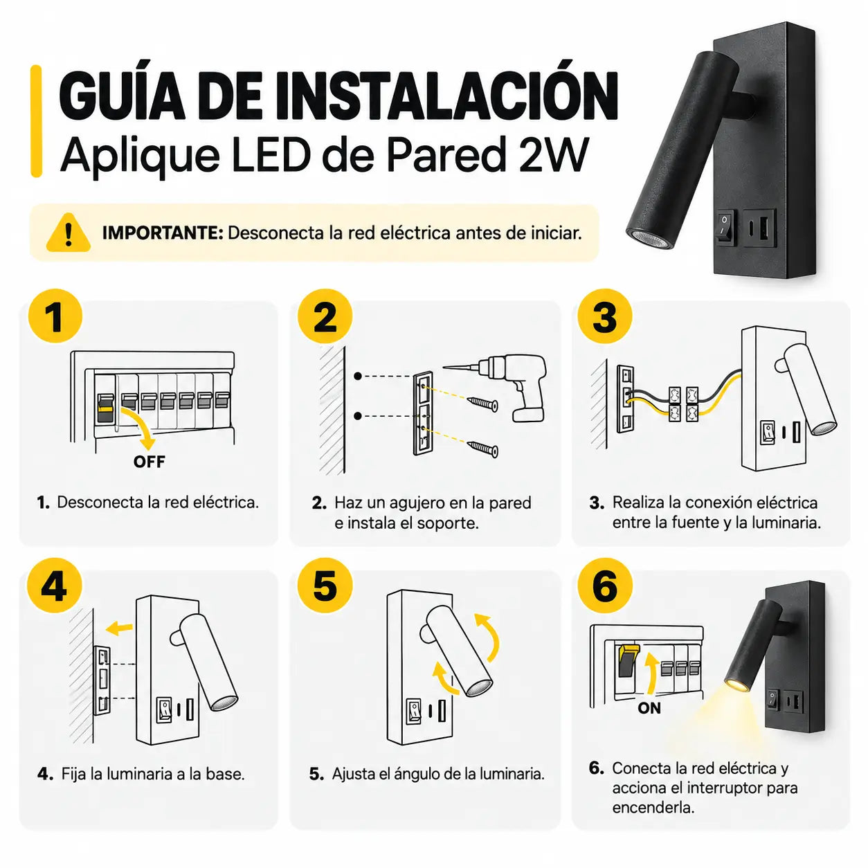 Aplique LED de Pared 2W con Interruptor y puerto USB + Tipo C  Luz Cálida