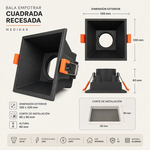 Bala Empotrable Cuadrada Recesada GU10