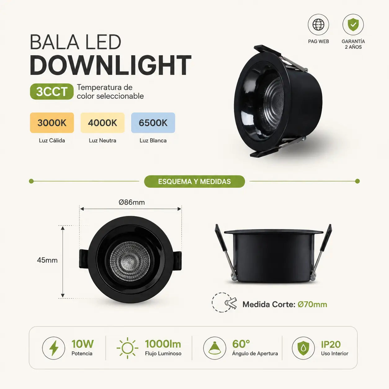 Bala LED Empotrable 10W Tres Tonos 3CCT Blanco o Negro