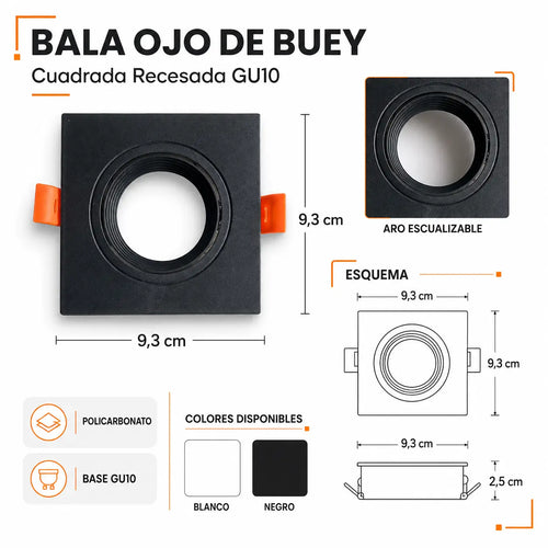 Bala Ojo de Buey Cuadrada Recesada Escualizable GU10 Policarbonato