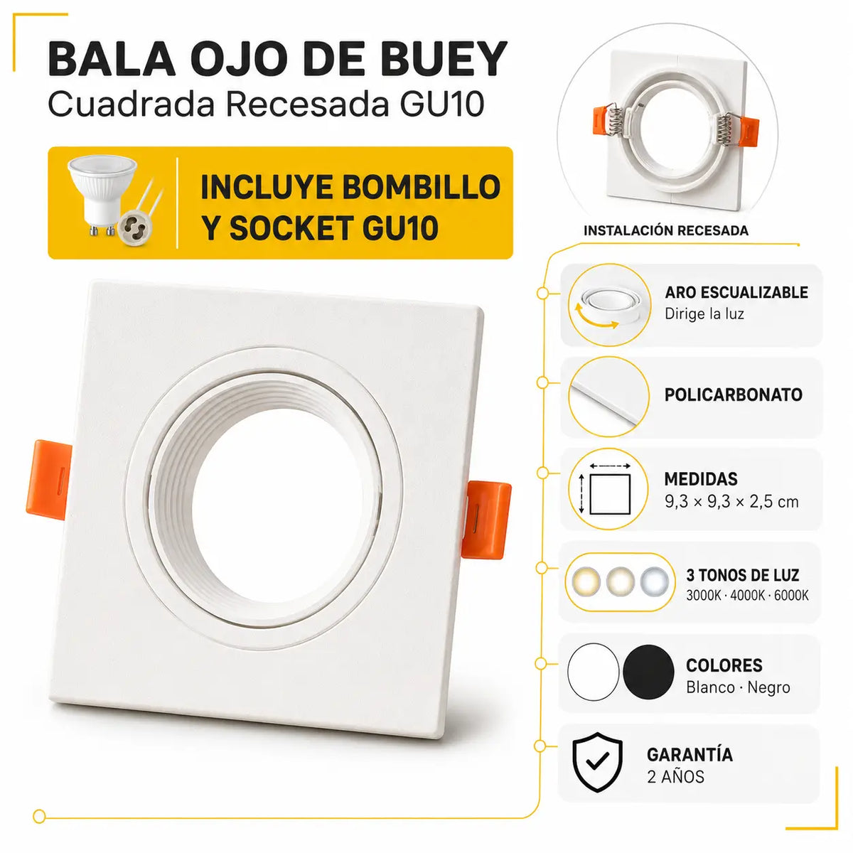 Bala Ojo de Buey Cuadrada Recesada Escualizable GU10 Policarbonato