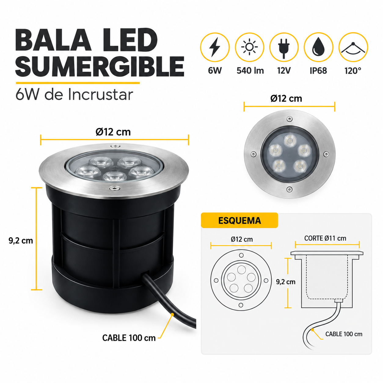 Bala LED Sumergible de Incrustar 6W 12V IP68