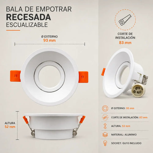 Bala de Empotrar Recesada Escualizable GU10