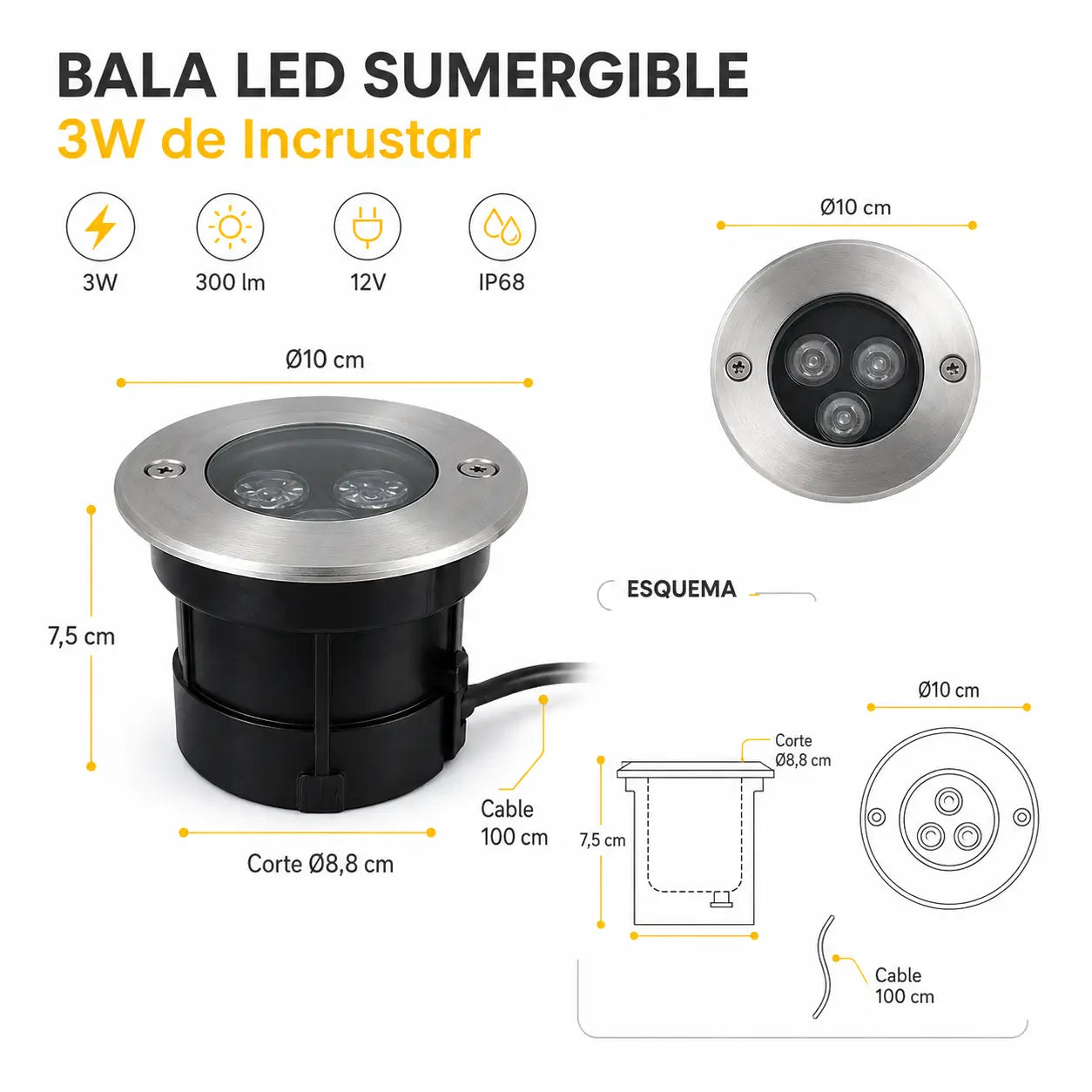 Bala LED Sumergible 3W de Incrustar IP68