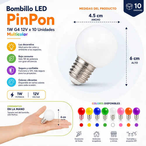 Bombillo LED PinPon 1W G4 12V x 10 Unidades Multicolor