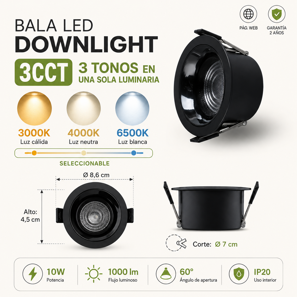 Bala LED Empotrable 10W Tres Tonos 3CCT Blanco o Negro