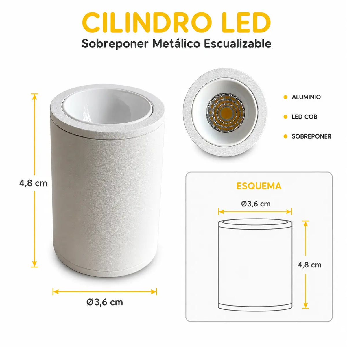 Minicilindro LED de Sobreponer Metálico de Sobreponer Premium 3W