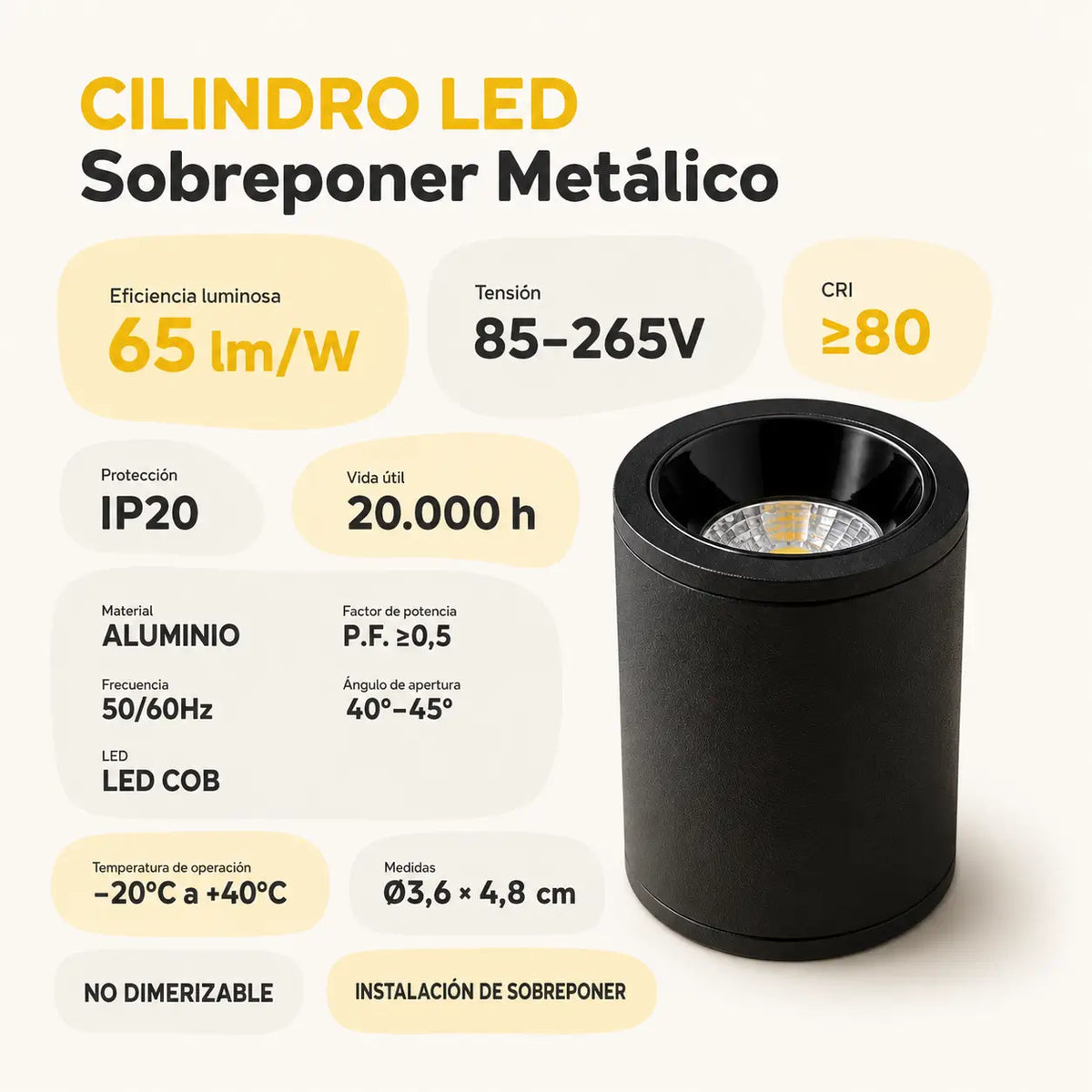 Minicilindro LED de Sobreponer Metálico de Sobreponer Premium 3W